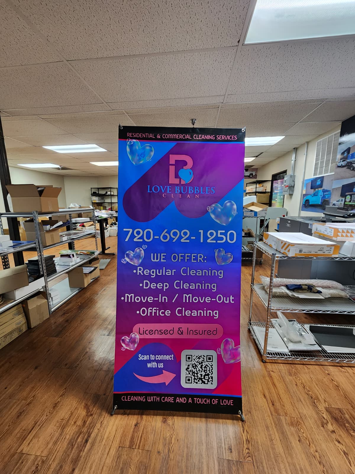 Love Bubbles Clean retractable banner printing in Denver by Wrapido Denver