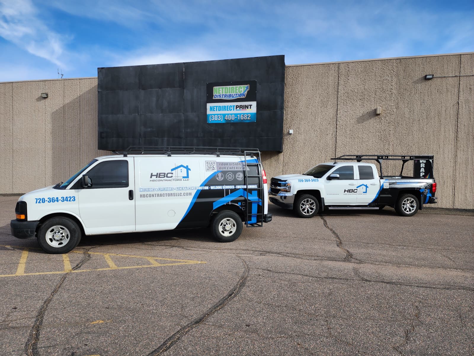 HBC Contractors commercial fleet wrap van and truck in Denver by Wrapido Denver