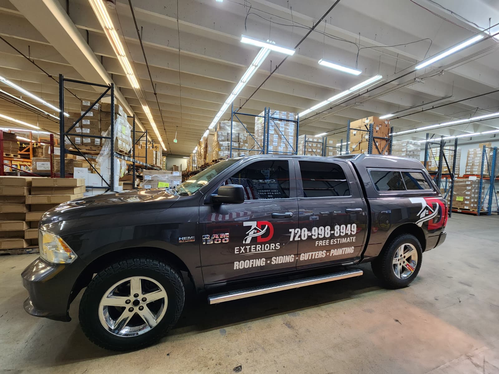 7D Exteriors roofing truck wrap in Denver by Wrapido Denver
