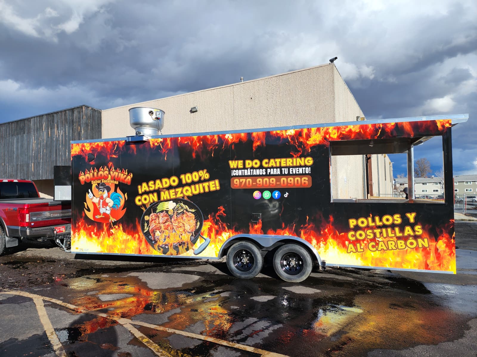 Pollos Yuka food truck wrap in Denver with flame design by Wrapido Denver