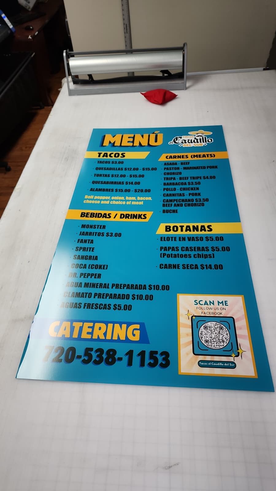 Tacos el Caudillo del Sur printed menu in Denver by Wrapido Denver