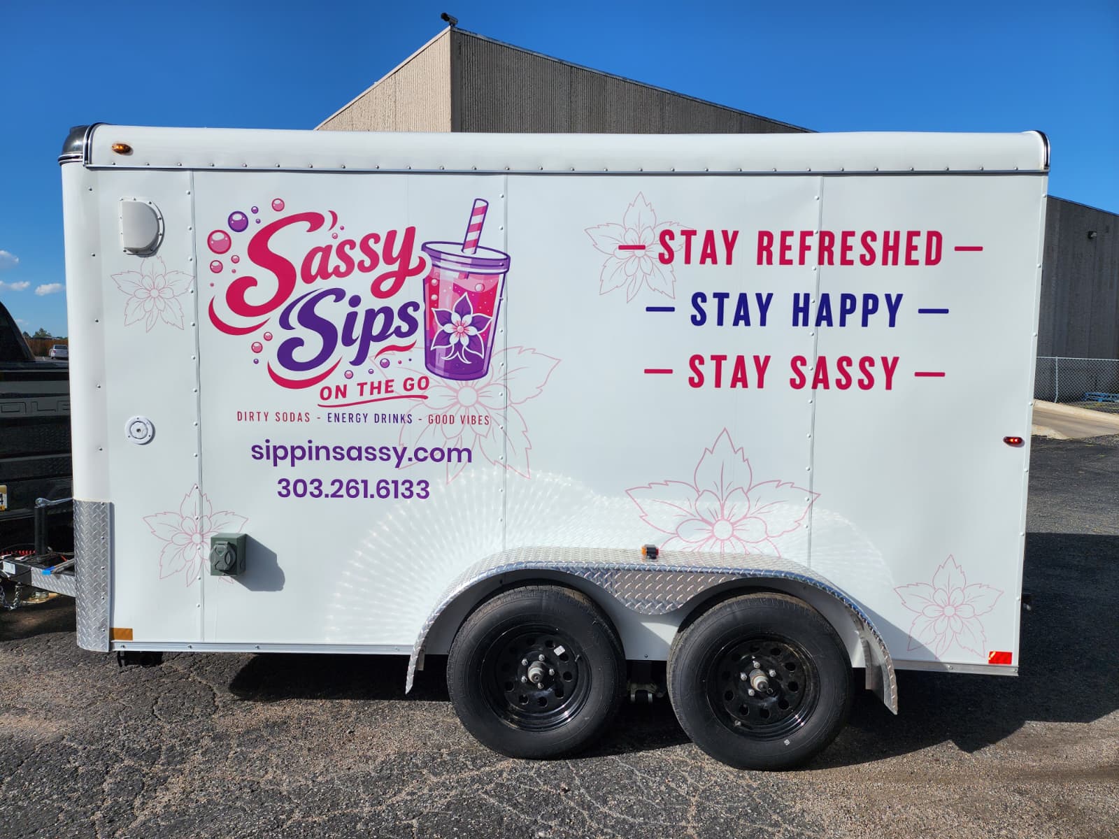 Sassy Sips on the Go drinks trailer wrap in Denver by Wrapido Denver
